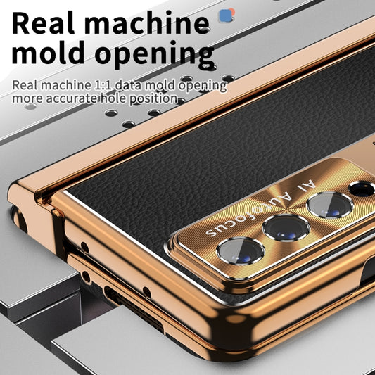 For Samsung Galaxy Z Fold4 Litchi Pattern Magnetic Shell Film Integrated Shockproof Phone Case(Black Gold) by buy2fix