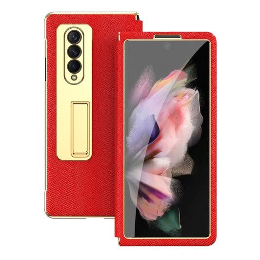 For Samsung Galaxy Z Fold3 5G Cross Texture Integrated Electroplating Hinge Flip Phone Case with Tempered Film(Red) by buy2fix