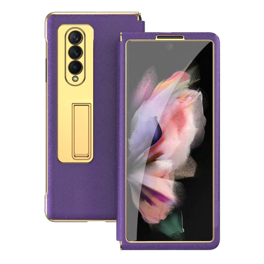 For Samsung Galaxy Z Fold3 5G Cross Texture Integrated Electroplating Hinge Flip Phone Case with Tempered Film(Purple) by buy2fix