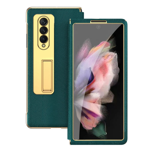 For Samsung Galaxy Z Fold4 Cross Texture Integrated Electroplating Hinge Flip Phone Case with Tempered Film(Cyan) by buy2fix