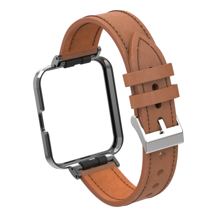 For Xiaomi Mi Watch Lite / Redmi Watch Genuine Leather Metal Case Integrated Watch Band(Brown) - Watch Bands by buy2fix | Online Shopping UK | buy2fix