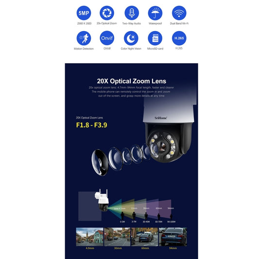 SriHome SH041 5.0MP 20X Optical Zoom 2.4G/5G WiFi IP66Waterproof AI Auto Tracking H.265 Video Surveillance, Plug Type:EU Plug(White) by buy2fix
