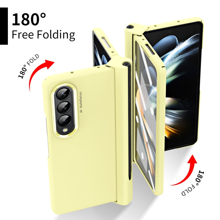 For Samsung Galaxy Z Fold4 Skin Feel Two-color Contact Lens Hinge Flip Phone Case with Pen Slot(Yellow) by buy2fix