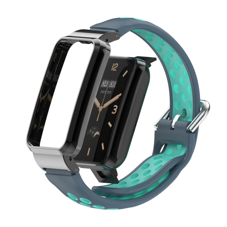 For Xiaomi Mi Band 7 Pro Silicone Metal Frame Watch Band(Grey + Cyan) - Watch Bands by buy2fix | Online Shopping UK | buy2fix