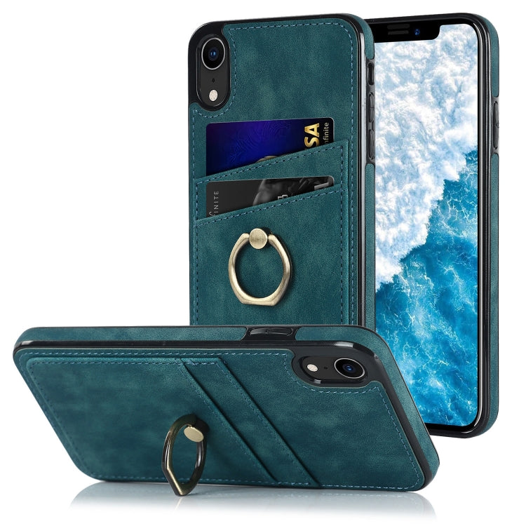 For iPhone XR Vintage Patch Leather Phone Case with Ring Holder(Blue) - More iPhone Cases by buy2fix | Online Shopping UK | buy2fix