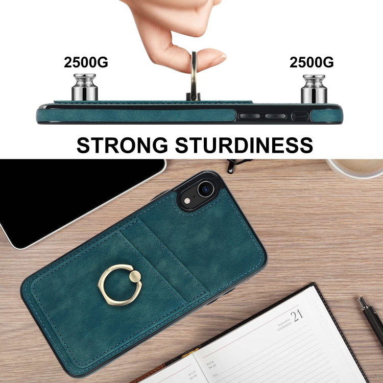For iPhone XR Vintage Patch Leather Phone Case with Ring Holder(Blue) - More iPhone Cases by buy2fix | Online Shopping UK | buy2fix