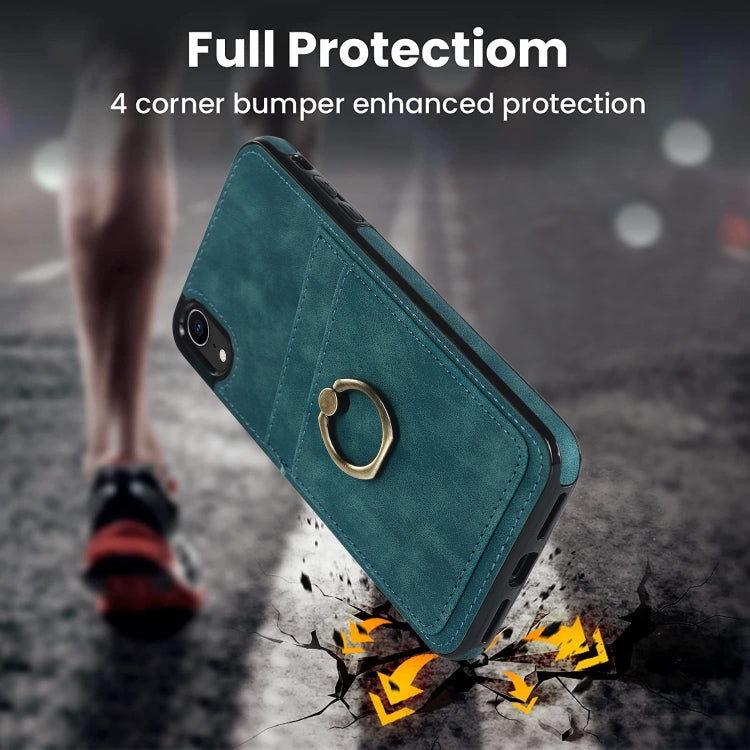 For iPhone XR Vintage Patch Leather Phone Case with Ring Holder(Blue) - More iPhone Cases by buy2fix | Online Shopping UK | buy2fix