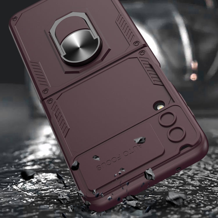 For Samsung Galaxy Z Flip4 GKK Carbon Brazing Pattern Shockproof Armor PC Phone Case with Ring Holder(Wine Red) by GKK
