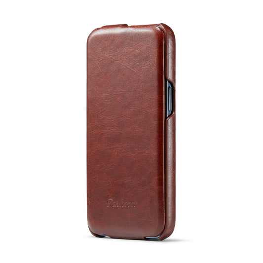 For iPhone 14 Plus Fierre Shann Oil Wax Texture Vertical Flip PU Phone Case (Brown) by FIERRE SHANN