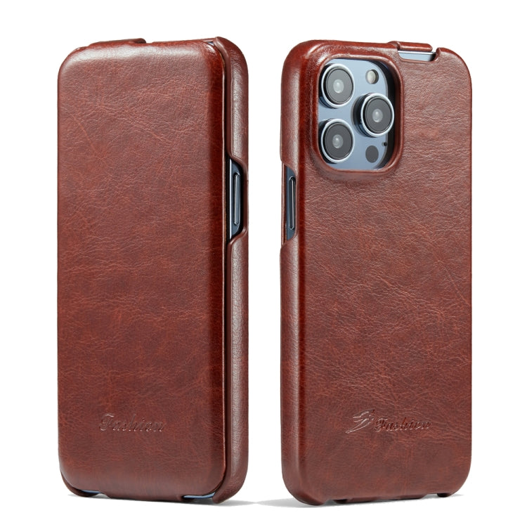For iPhone 14 Pro Max Fierre Shann Oil Wax Texture Vertical Flip PU Phone Case (Brown) - iPhone 14 Pro Max Cases by FIERRE SHANN | Online Shopping UK | buy2fix