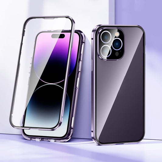 For iPhone 14 Pro Magnetic Double-buckle HD Tempered Glass Phone Case(Purple) - iPhone 14 Pro Cases by buy2fix | Online Shopping UK | buy2fix