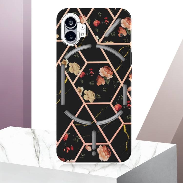 For Nothing Phone 1 Electroplating Marble Flower Pattern TPU Phone Case(Black Flower) - Nothing Cases by buy2fix | Online Shopping UK | buy2fix