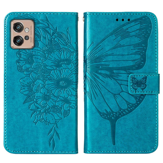 For Motorola Moto G32 Embossed Butterfly Flip Leather Phone Case(Blue) by buy2fix
