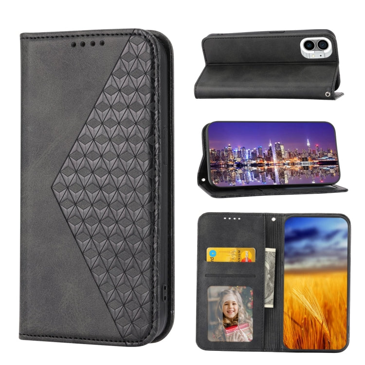 For Nothing Phone 1 Cubic Grid Calf Texture Magnetic Closure Leather Phone Case(Black) - Nothing Cases by buy2fix | Online Shopping UK | buy2fix
