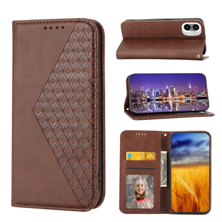 For Nothing Phone 1 Cubic Grid Calf Texture Magnetic Closure Leather Phone Case(Brown) - Nothing Cases by buy2fix | Online Shopping UK | buy2fix