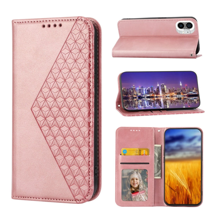 For Nothing Phone 1 Cubic Grid Calf Texture Magnetic Closure Leather Phone Case(Rose Gold) - Nothing Cases by buy2fix | Online Shopping UK | buy2fix
