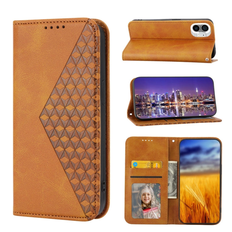 For Nothing Phone 1 Cubic Grid Calf Texture Magnetic Closure Leather Phone Case(Yellow) - Nothing Cases by buy2fix | Online Shopping UK | buy2fix