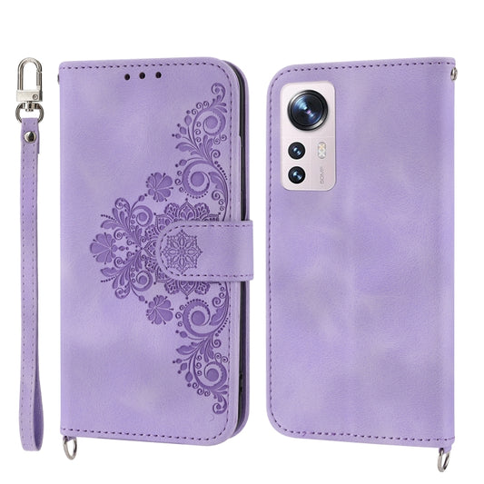 For Xiaomi 12 / 12X Skin-feel Flowers Embossed Wallet Leather Phone Case(Purple) by buy2fix