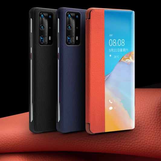 For Huawei P40 QIALINO Litchi Texture Side Window View Leather Phone Case(Blue) by QIALINO