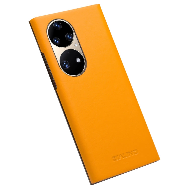 For Huawei P50 QIALINO Magnetic Side Window View Genuine Leather Smart Phone Case(Orange) by QIALINO