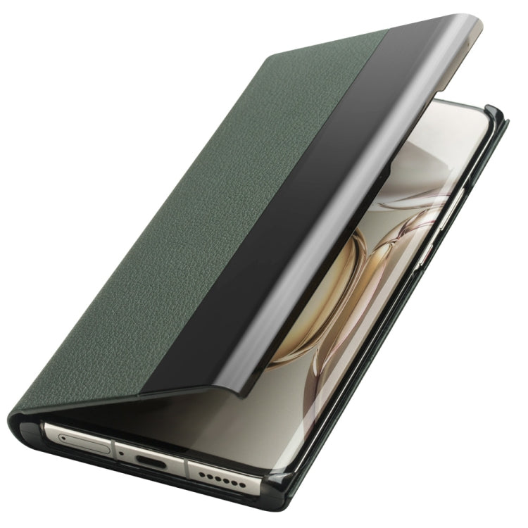 For Huawei P50 QIALINO Magnetic Side Window View Genuine Leather Smart Phone Case(Green) by QIALINO