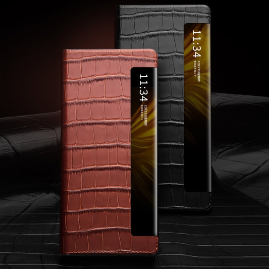 For Huawei Mate X2 QIALINO Crocodile Pattern Side Window View Genuine Leather Phone Case(Black) by QIALINO