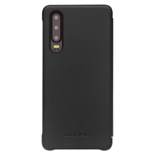 For Huawei P30 QIALINO Genuine Leather Side Window View Smart Phone Case(Black) by QIALINO