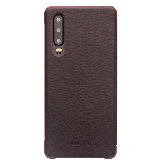 For Huawei P30 QIALINO Genuine Leather Side Window View Smart Phone Case(Brown) by QIALINO