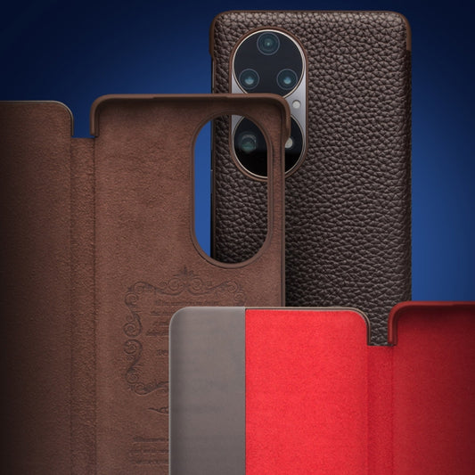 For Huawei P50 Pro QIALINO Genuine Leather Side Window View Smart Phone Case(Black) by QIALINO