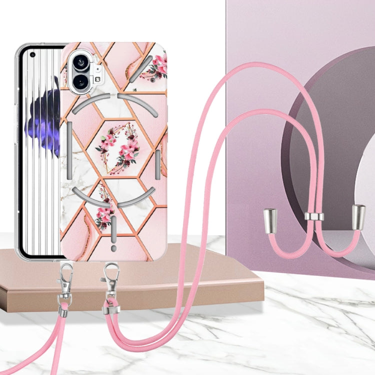 For Nothing Phone 1 Electroplating Splicing Marble Flower Pattern TPU Shockproof Case with Lanyard(Pink Flower) - Nothing Cases by buy2fix | Online Shopping UK | buy2fix