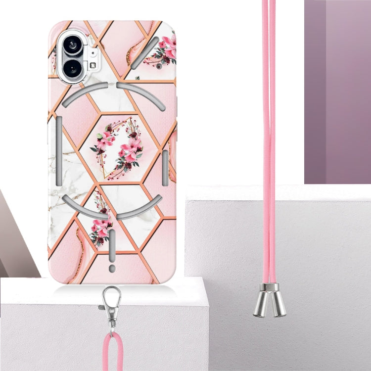 For Nothing Phone 1 Electroplating Splicing Marble Flower Pattern TPU Shockproof Case with Lanyard(Pink Flower) - Nothing Cases by buy2fix | Online Shopping UK | buy2fix
