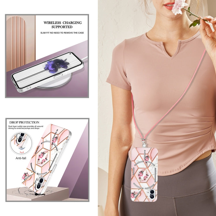 For Nothing Phone 1 Electroplating Splicing Marble Flower Pattern TPU Shockproof Case with Lanyard(Pink Flower) - Nothing Cases by buy2fix | Online Shopping UK | buy2fix