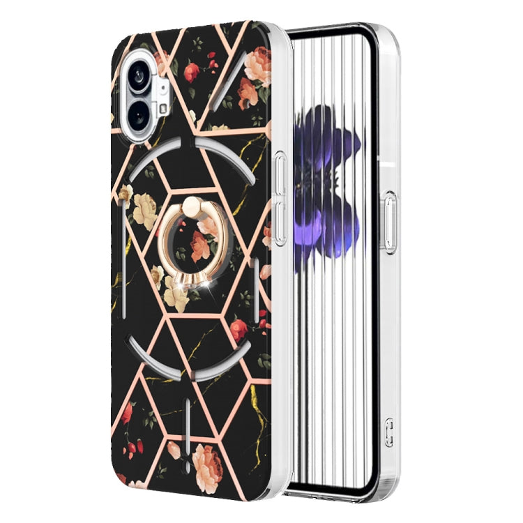 For Nothing Phone 1 Electroplating Splicing Marble Flower Pattern TPU Shockproof Case(Black Flower) - Nothing Cases by buy2fix | Online Shopping UK | buy2fix