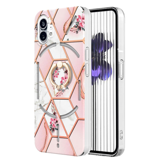 For Nothing Phone 1 Electroplating Splicing Marble Flower Pattern TPU Shockproof Case(Pink Flower) - Nothing Cases by buy2fix | Online Shopping UK | buy2fix