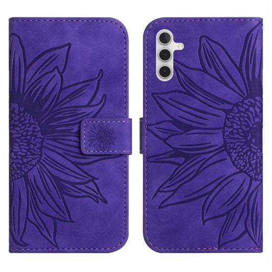 For Samsung Galaxy A14 5G Skin Feel Sun Flower Pattern Flip Leather Phone Case with Lanyard(Dark Purple) by buy2fix