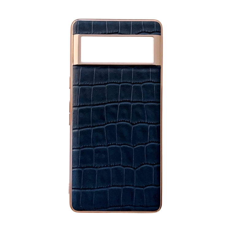 For Google Pixel 6 Pro Crocodile Texture Genuine Leather Electroplating Phone Case(Blue) - Google Cases by buy2fix | Online Shopping UK | buy2fix