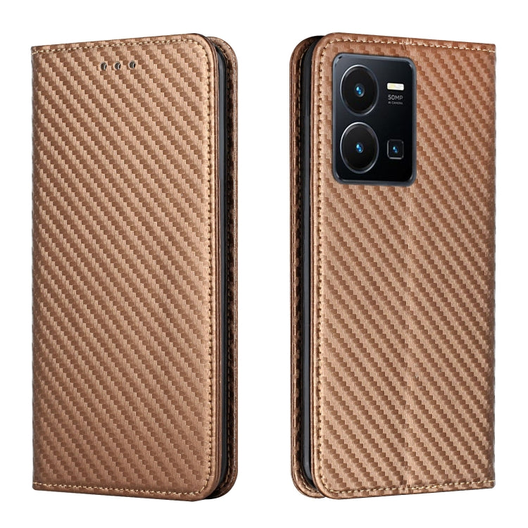 For vivo Y22s Carbon Fiber Texture Magnetic Flip Leather Phone Case(Brown) - vivo Cases by buy2fix | Online Shopping UK | buy2fix