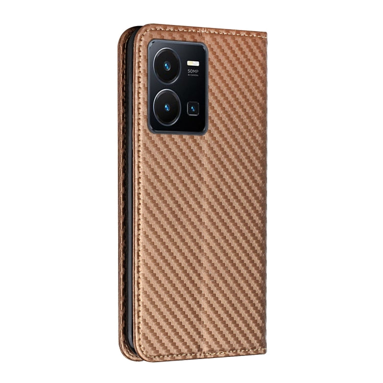 For vivo Y22s Carbon Fiber Texture Magnetic Flip Leather Phone Case(Brown) - vivo Cases by buy2fix | Online Shopping UK | buy2fix