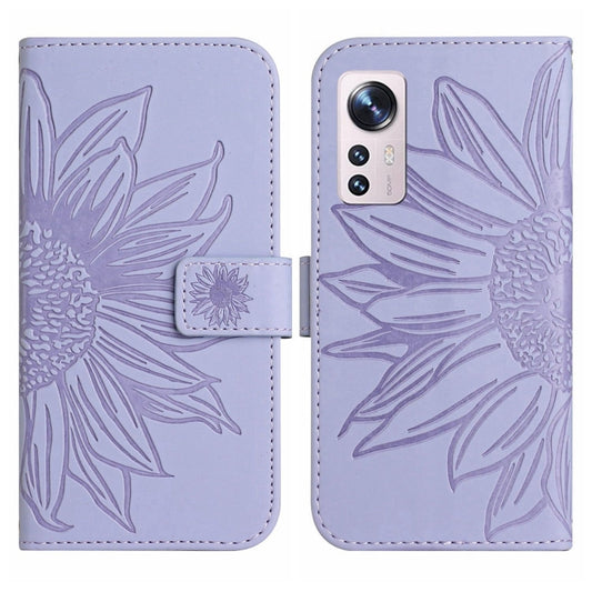 For Xiaomi 12 / 12X Skin Feel Sun Flower Pattern Flip Leather Phone Case with Lanyard(Purple) by buy2fix