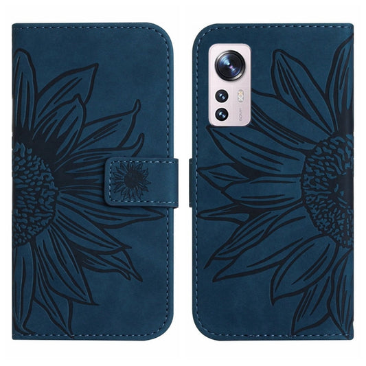 For Xiaomi 12 / 12X Skin Feel Sun Flower Pattern Flip Leather Phone Case with Lanyard(Inky Blue) by buy2fix