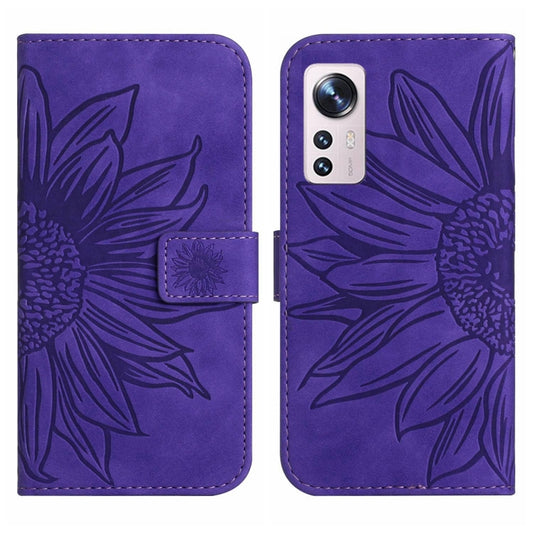 For Xiaomi 12 / 12X Skin Feel Sun Flower Pattern Flip Leather Phone Case with Lanyard(Dark Purple) by buy2fix