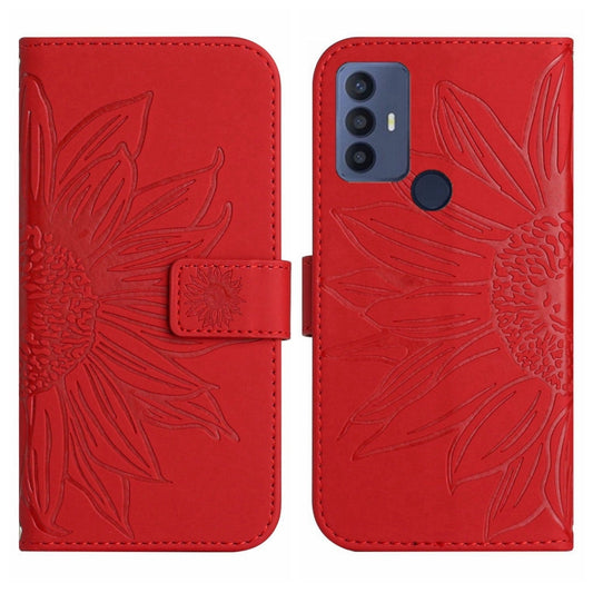 For TCL 30 SE/30E/306/305 Skin Feel Sun Flower Pattern Flip Leather Phone Case with Lanyard(Red) by buy2fix