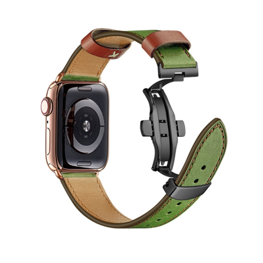 Butterfly Buckle Genuine Leather Watch Band For Apple Watch Ultra 49mm&Watch Ultra 2 49mm / Series 9&8&7 45mm / SE 3&SE 2&6&SE&5&4 44mm / 3&2&1 42mm(Green-Brown+Black Buckle) by buy2fix