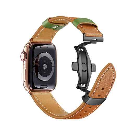 Butterfly Buckle Genuine Leather Watch Band For Apple Watch Ultra 49mm&Watch Ultra 2 49mm / Series 9&8&7 45mm / SE 3&SE 2&6&SE&5&4 44mm / 3&2&1 42mm(Brown-Green+Black Buckle) by buy2fix
