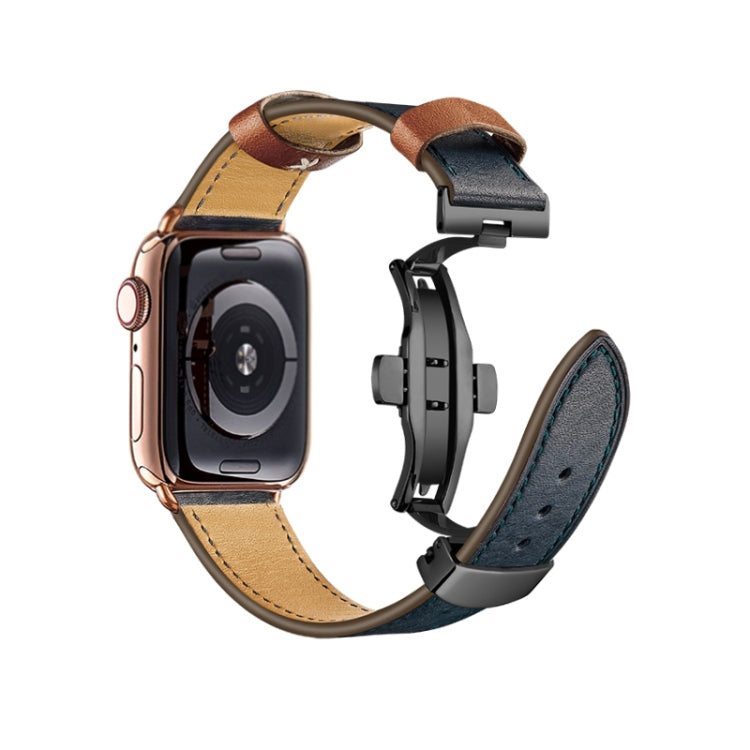 Butterfly Buckle Genuine Leather Watch Band For Apple Watch Ultra 49mm&Watch Ultra 2 49mm / Series 9&8&7 45mm / SE 3&SE 2&6&SE&5&4 44mm / 3&2&1 42mm(Blue-Brown+Black Buckle) - Watch Bands by buy2fix | Online Shopping UK | buy2fix