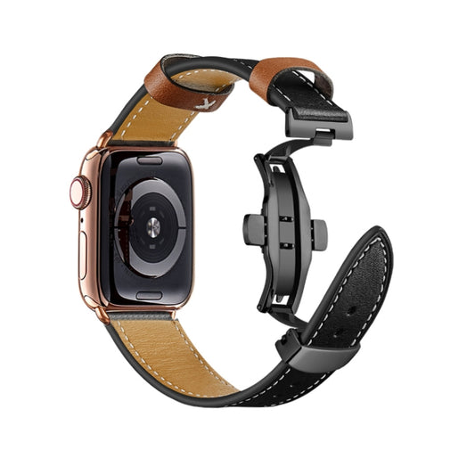 Butterfly Buckle Genuine Leather Watch Band For Apple Watch Ultra 49mm&Watch Ultra 2 49mm / Series 9&8&7 45mm / SE 3&SE 2&6&SE&5&4 44mm / 3&2&1 42mm(Black-Brown+Black Buckle) by buy2fix