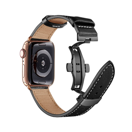Butterfly Buckle Genuine Leather Watch Band For Apple Watch Ultra 49mm&Watch Ultra 2 49mm / Series 9&8&7 45mm / SE 3&SE 2&6&SE&5&4 44mm / 3&2&1 42mm(Black+Black Buckle) by buy2fix