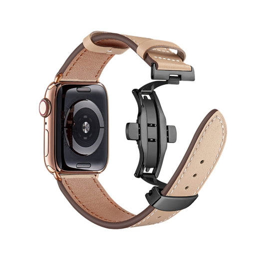 Butterfly Buckle Genuine Leather Watch Band For Apple Watch Ultra 49mm&Watch Ultra 2 49mm / Series 9&8&7 45mm / SE 3&SE 2&6&SE&5&4 44mm / 3&2&1 42mm(Apricot+Black Buckle) by buy2fix