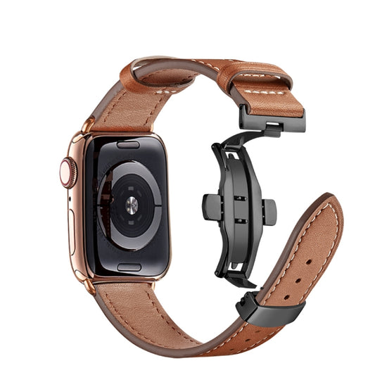 Butterfly Buckle Genuine Leather Watch Band For Apple Watch Ultra 49mm&Watch Ultra 2 49mm / Series 9&8&7 45mm / SE 3&SE 2&6&SE&5&4 44mm / 3&2&1 42mm(Brown+Black Buckle) by buy2fix