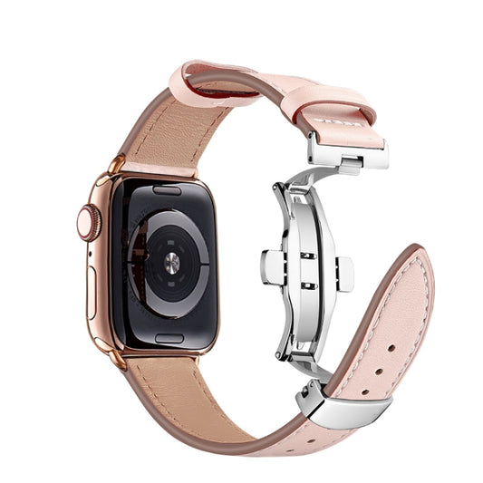 Butterfly Buckle Genuine Leather Watch Band For Apple Watch Ultra 49mm&Watch Ultra 2 49mm / Series 9&8&7 45mm / SE 3&SE 2&6&SE&5&4 44mm / 3&2&1 42mm(Light Pink+Silver Buckle) by buy2fix